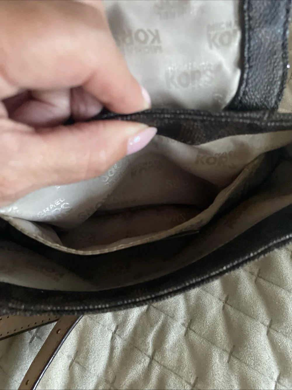 Michael Kors Brown Logo Crossbody with Pale tan Strap and Gold Plaque